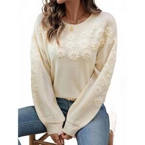 NEW ROSA CLOTHING embroidered daisy knit sweater in off white